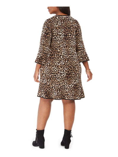 MICHAEL KORS Womens Brown Animal Print Bell Sleeve Crew Neck Knee Length Shift Dress Plus 0X