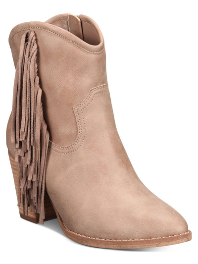 ZIGI SOHO Womens Beige Western-Inspired Fringed Comfort Hemma Pointed Toe Block Heel Zip-Up Booties 9.5 M