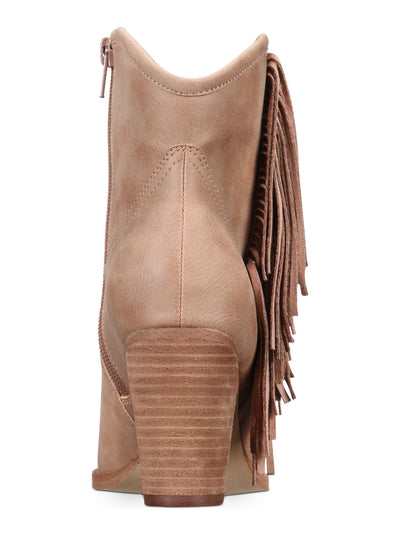 ZIGI SOHO Womens Beige Western-Inspired Fringed Comfort Hemma Pointed Toe Block Heel Zip-Up Booties 9.5 M