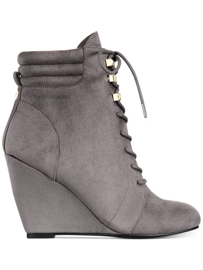 REBEL BY ZIGI Womens Gray Pyramid Metallic Hardware Kerlynn Round Toe Wedge Zip-Up Booties 7.5