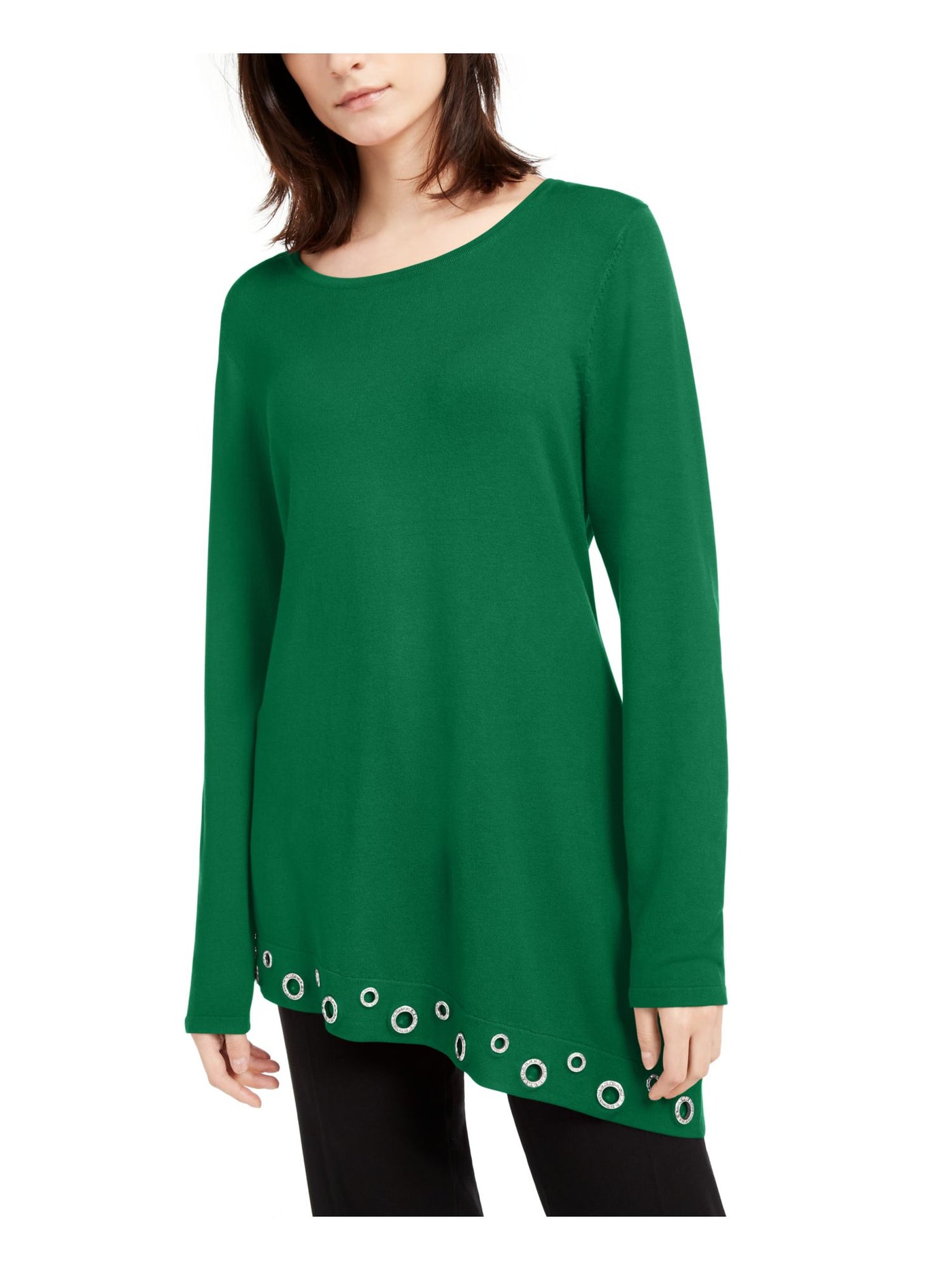 INC Womens Green Embellished Long Sleeve Jewel Neck Top S