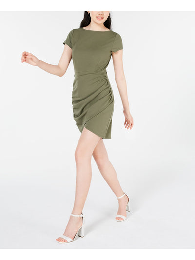 PLANET GOLD Womens Green Zippered Short Sleeve Jewel Neck Short Cocktail Body Con Dress Juniors XXS