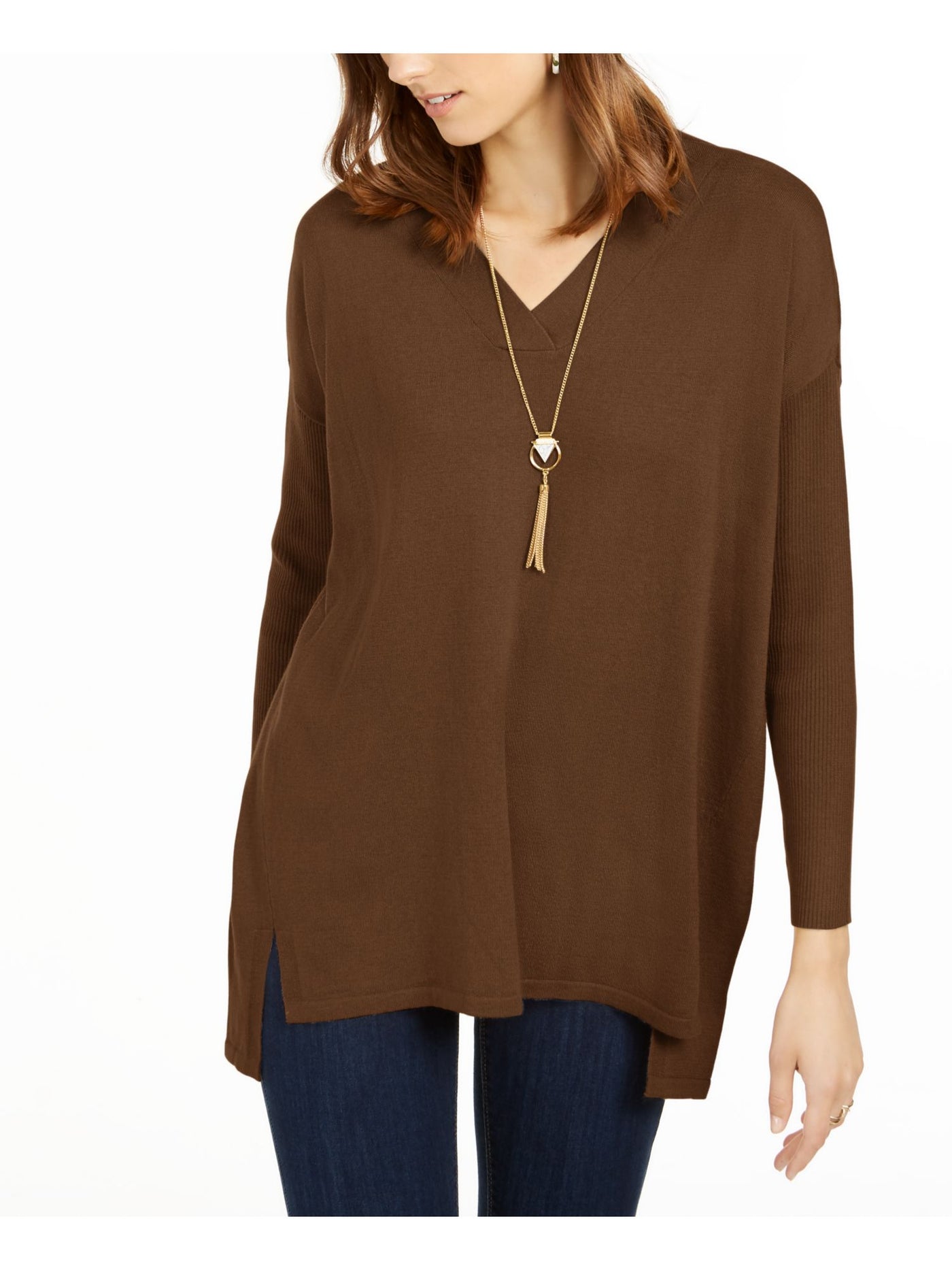 STYLE & COMPANY Womens Brown Heather Long Sleeve V Neck T-Shirt XS