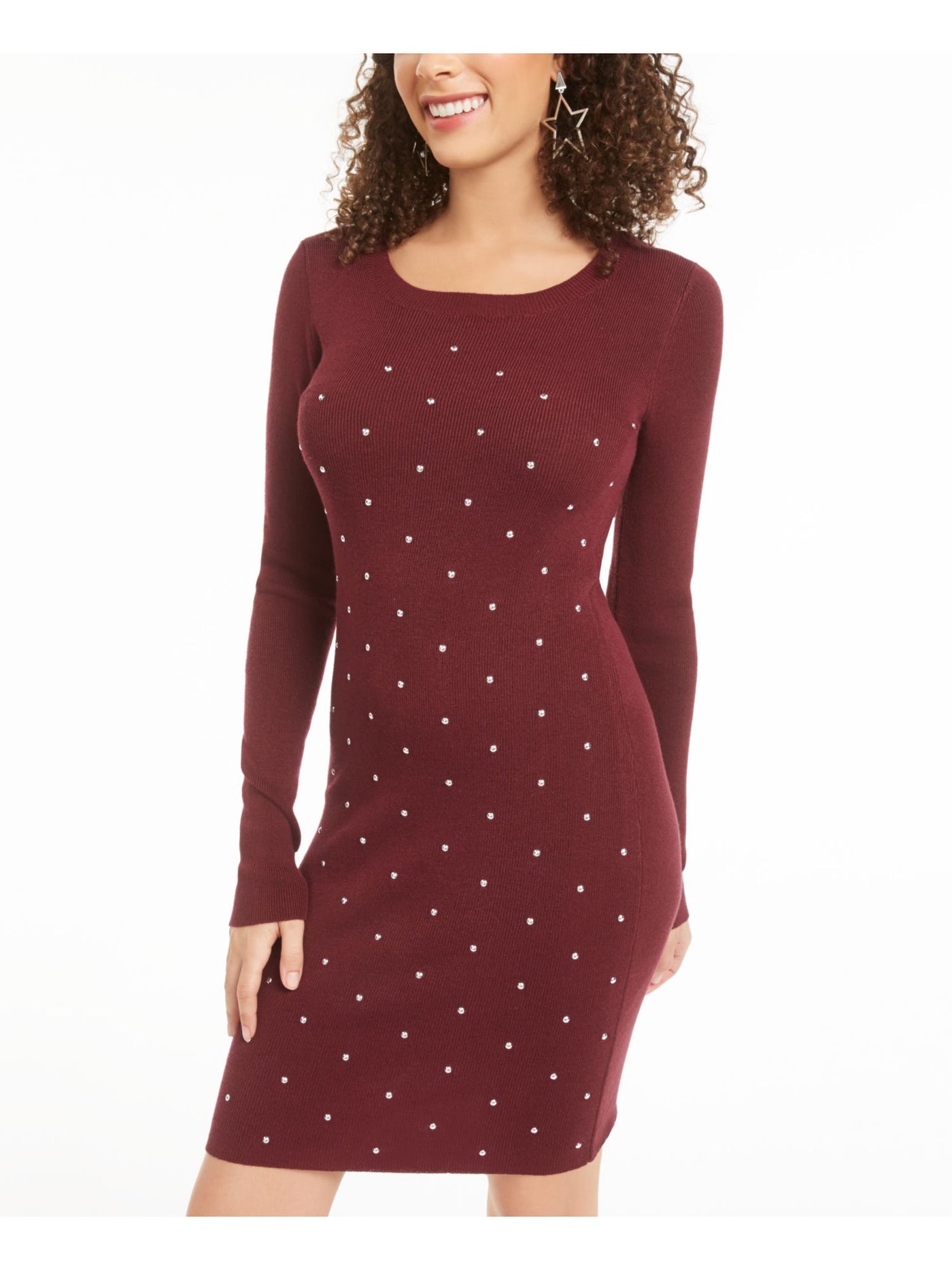 PLANET GOLD Womens Maroon Embellished Long Sleeve V Neck Short Body Con Dress XXL