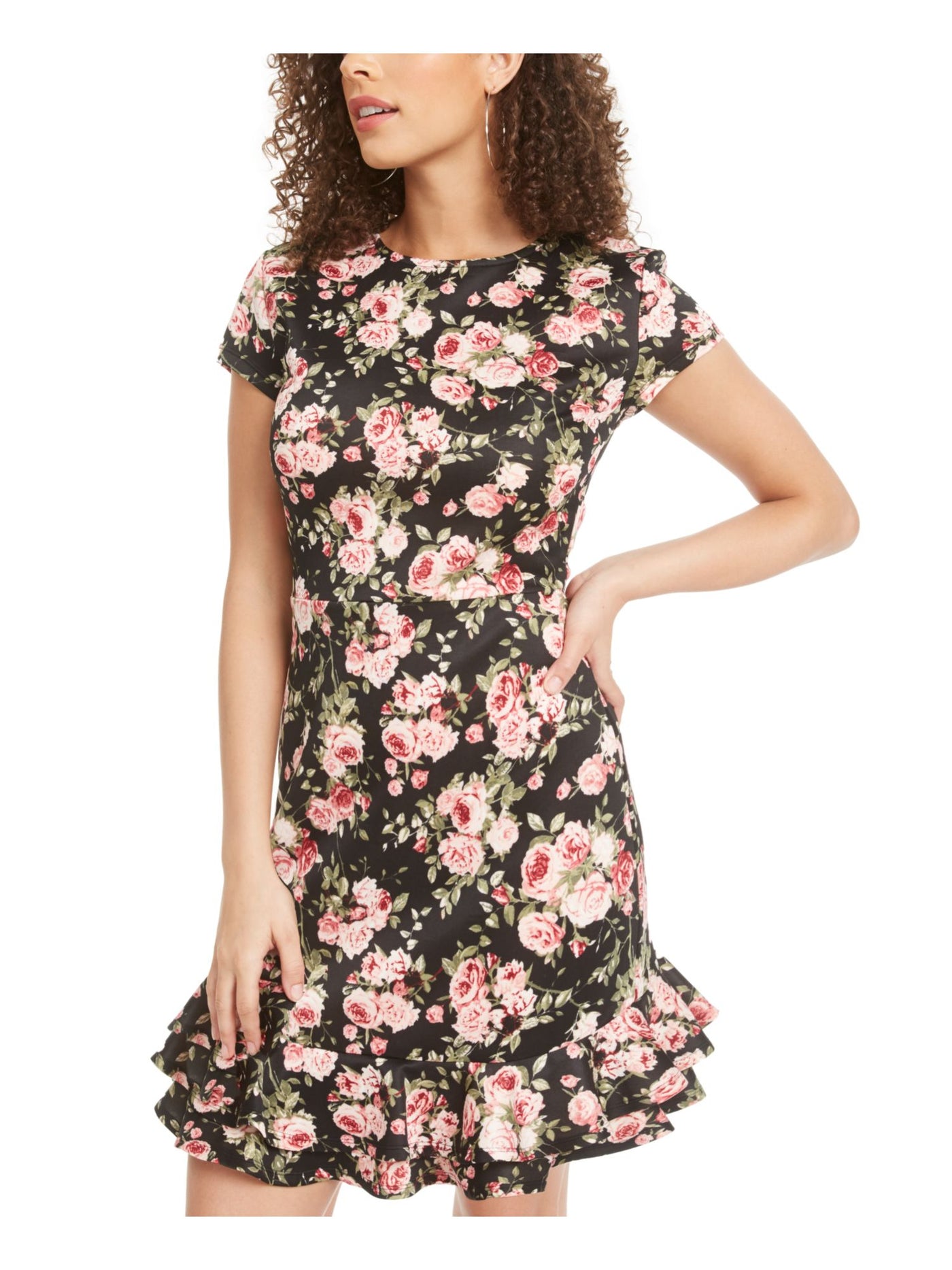 Rosie Harlow Womens Black Ruffled Zippered Floral Short Sleeve Jewel Neck Short Fit + Flare Dress S