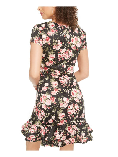Rosie Harlow Womens Black Ruffled Zippered Floral Short Sleeve Jewel Neck Short Fit + Flare Dress S