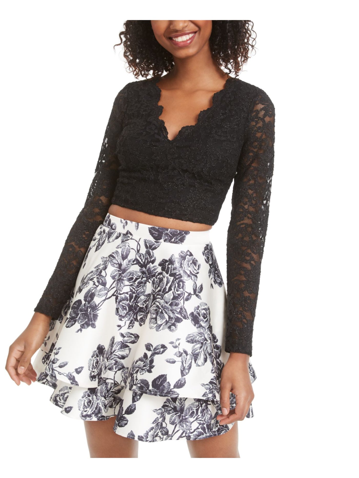 CITY STUDIO Womens Ivory Zippered Floral Mini Ruffled Skirt Juniors 11