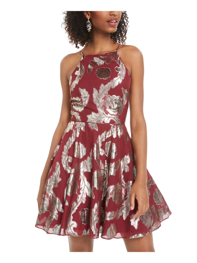 CITY STUDIO Womens Burgundy Ruffled Printed Sleeveless Halter Mini Party Fit + Flare Dress Juniors 7