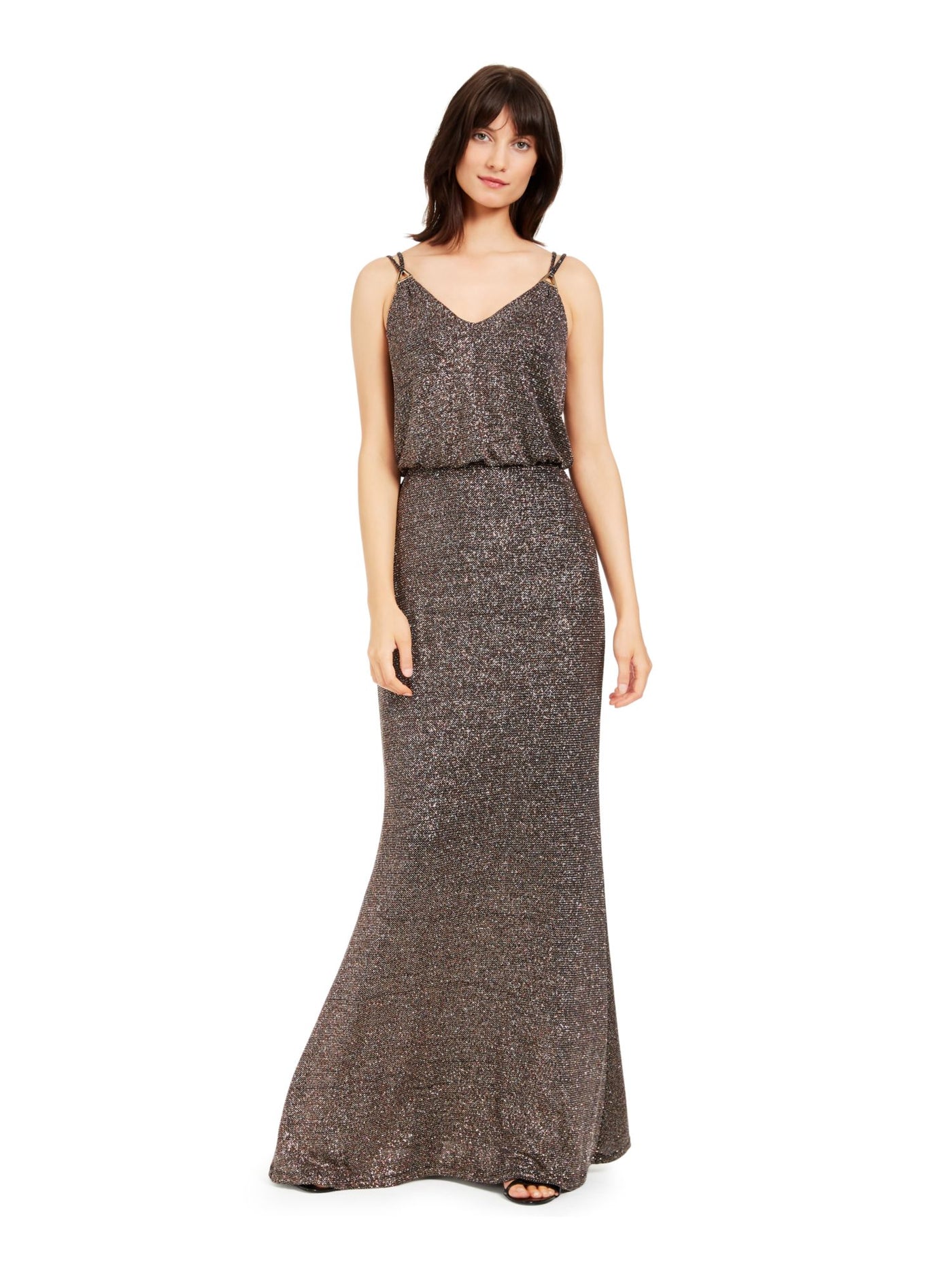 CALVIN KLEIN Womens Glitter Spaghetti Strap V Neck Full-Length Evening Blouson Dress