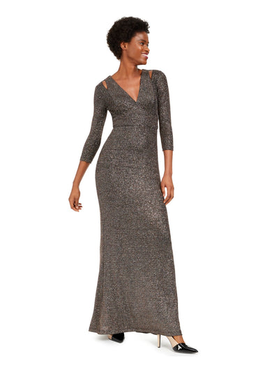 CALVIN KLEIN Womens Sequined 3/4 Sleeve V Neck Full-Length Formal Fit + Flare Dress