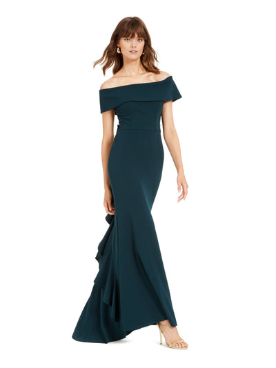 BETSY & ADAM Womens Green Ruffled Off Shoulder Full-Length Formal Sheath Dress 14