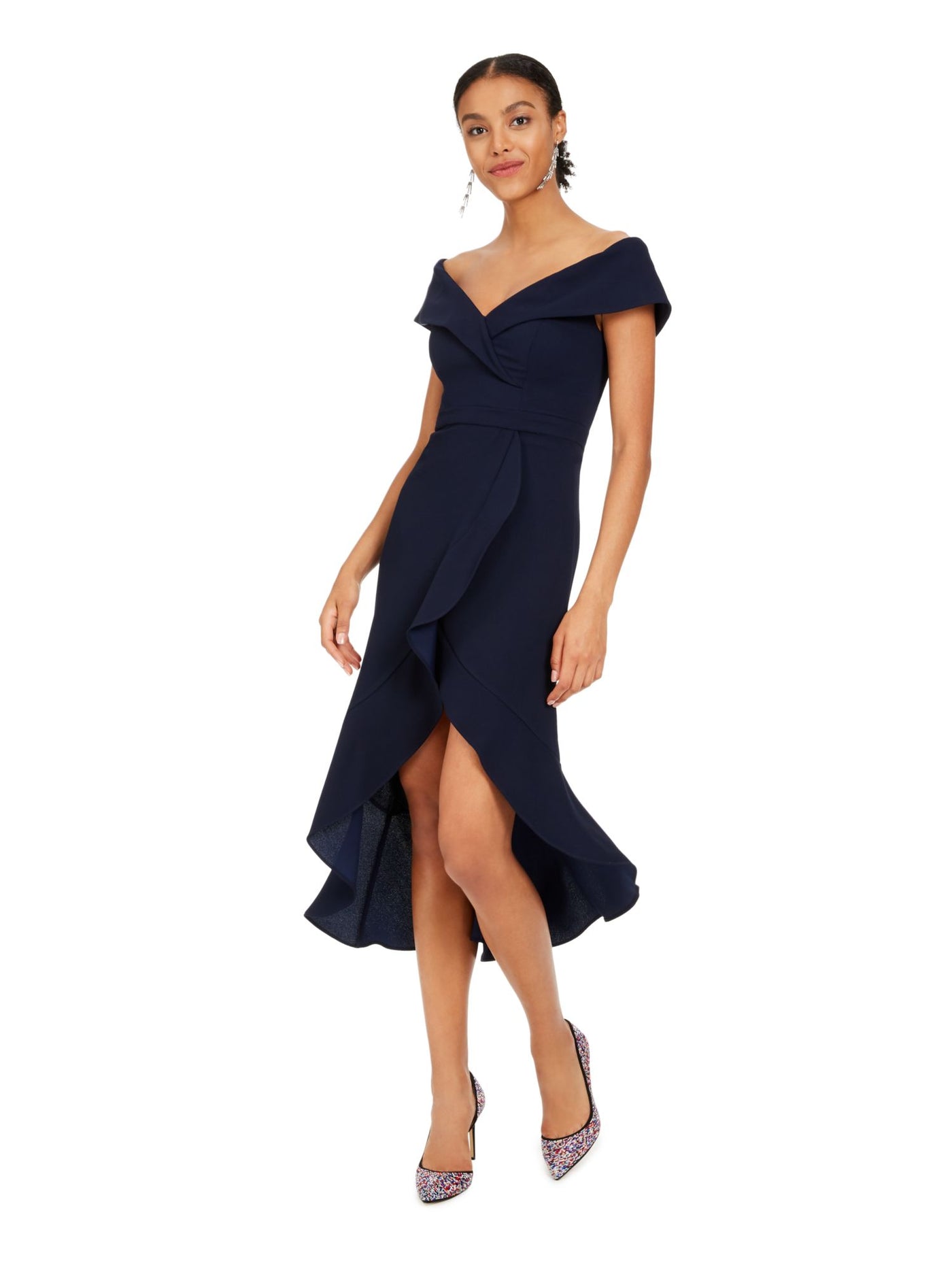 XSCAPE Womens Navy Ruffled Short Sleeve Off Shoulder Above The Knee Party Hi-Lo Dress 8