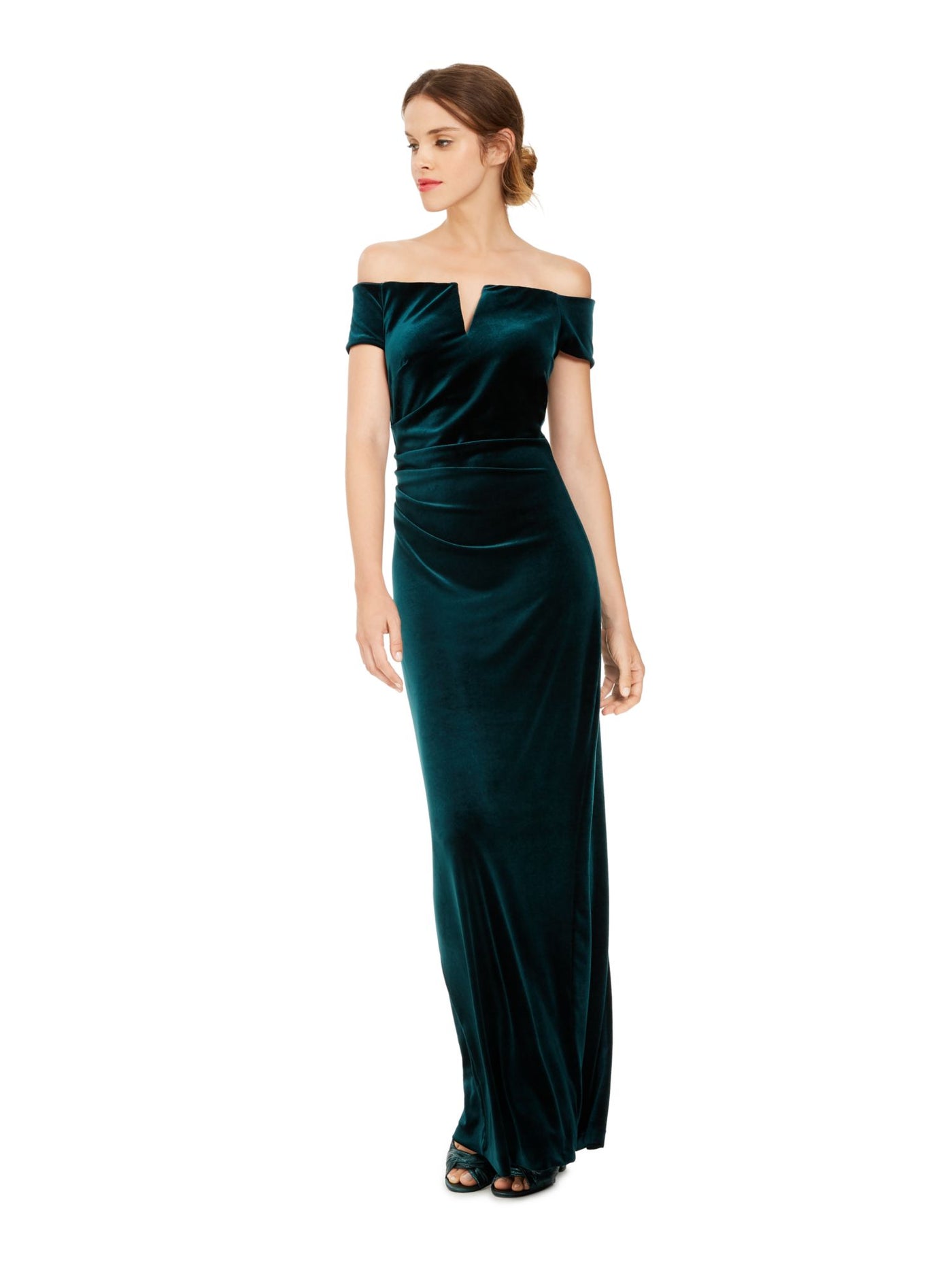 XSCAPE Womens Green Ruched Zippered Velvet Short Sleeve Off Shoulder Full-Length Formal Sheath Dress 14