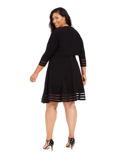 JESSICA HOWARD Womens Black 3/4 Sleeve Jewel Neck Knee Length Fit + Flare Dress Plus 20W