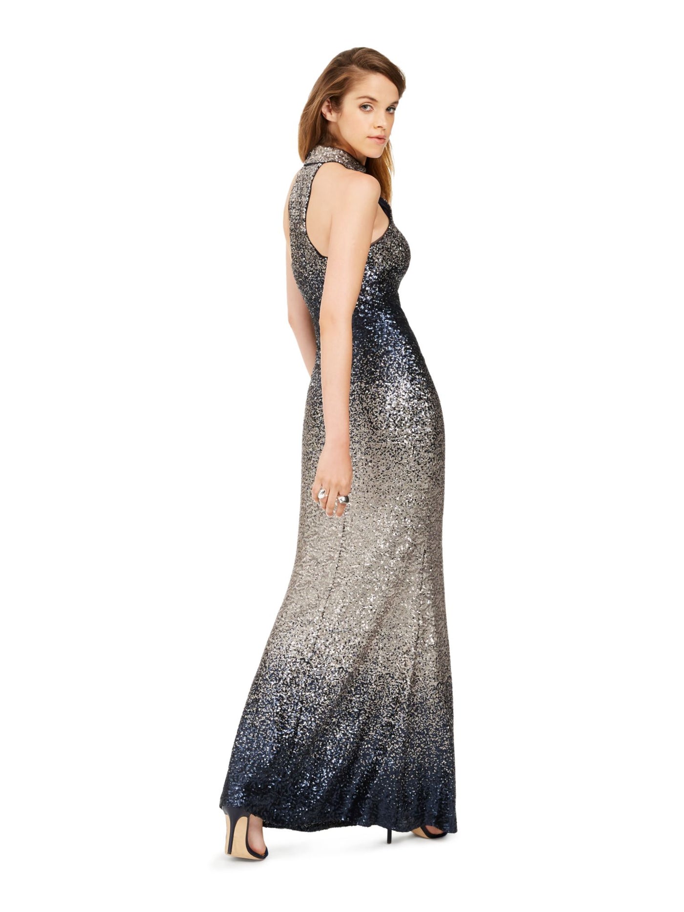 BETSY & ADAM Womens Sequined Sleeveless Halter Maxi Evening Dress