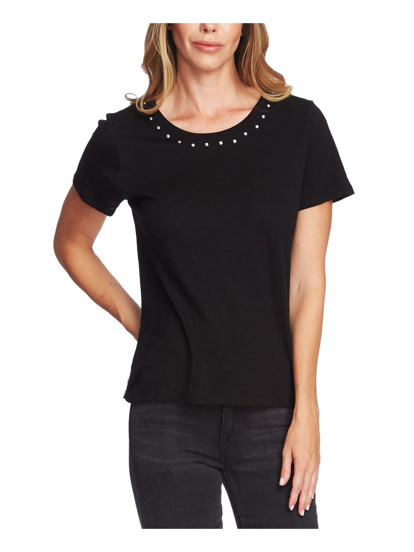 TWO BY VINCE CAMUTO Womens Black Embellished Heather Short Sleeve Crew Neck T-Shirt S