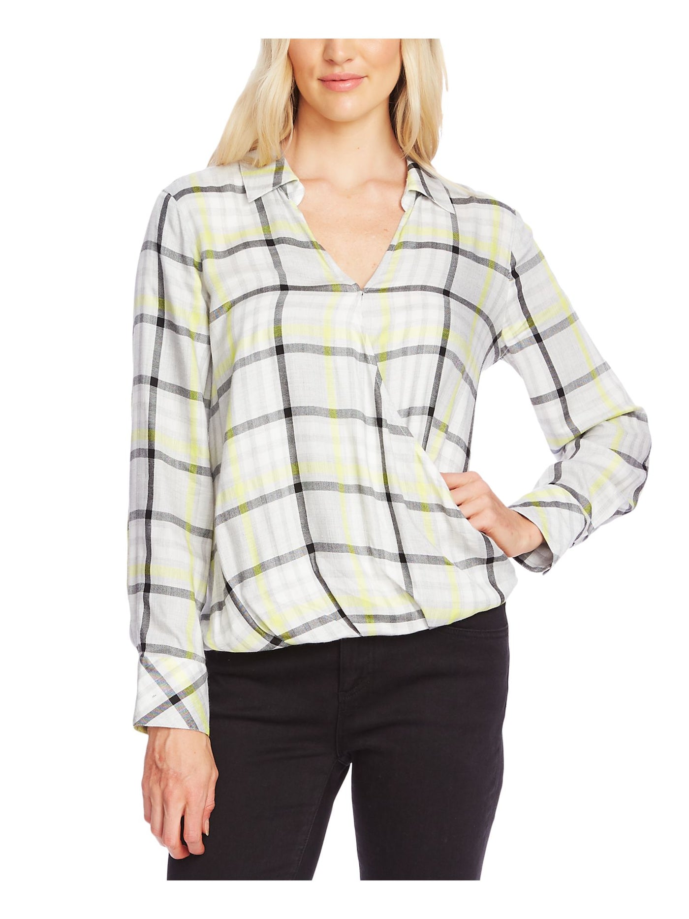 VINCE CAMUTO Womens Gray Plaid Long Sleeve V Neck Faux Wrap Top XL