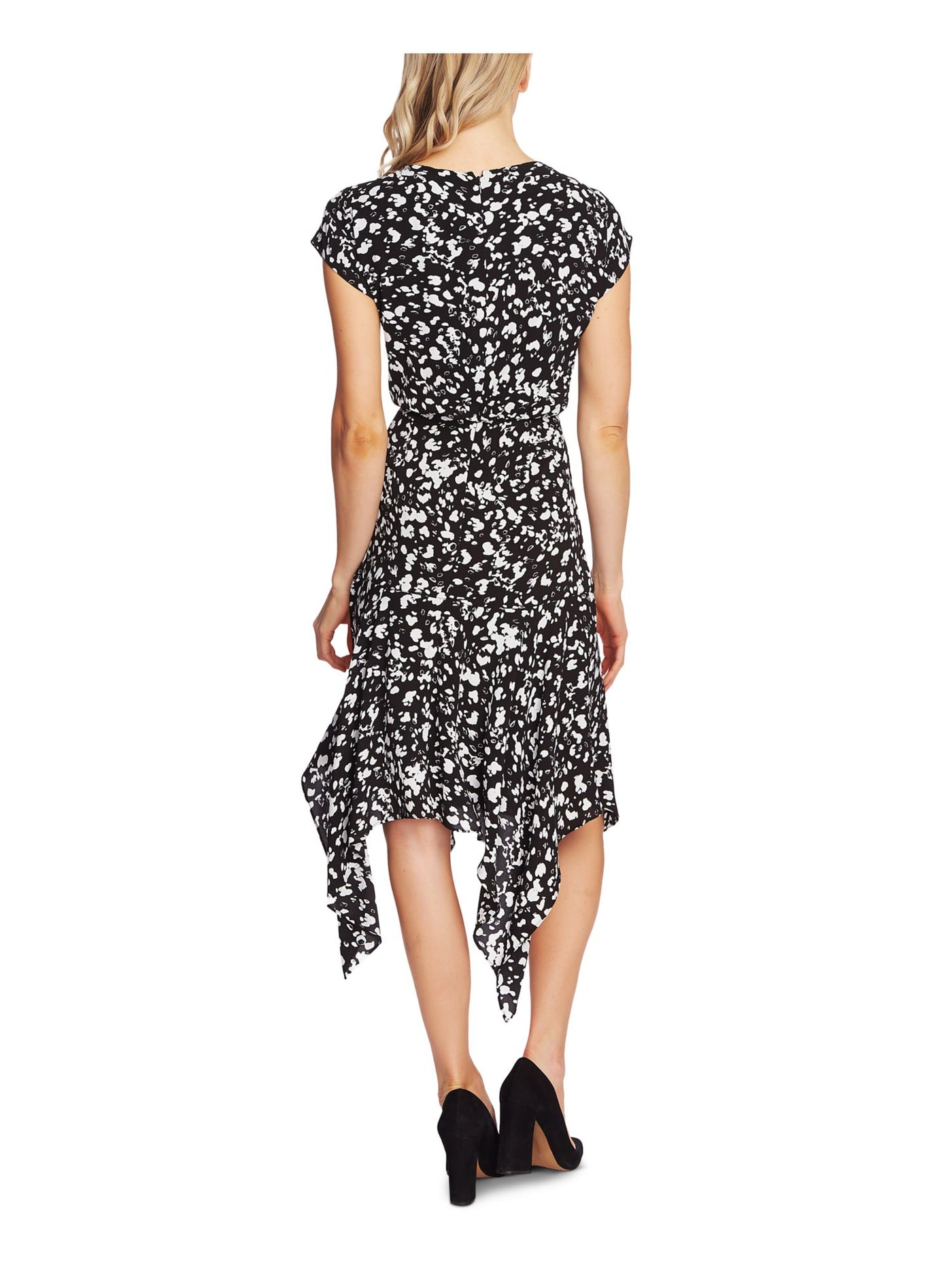 VINCE CAMUTO Womens Black Printed Short Sleeve Jewel Neck Midi Cocktail Sheath Dress 12