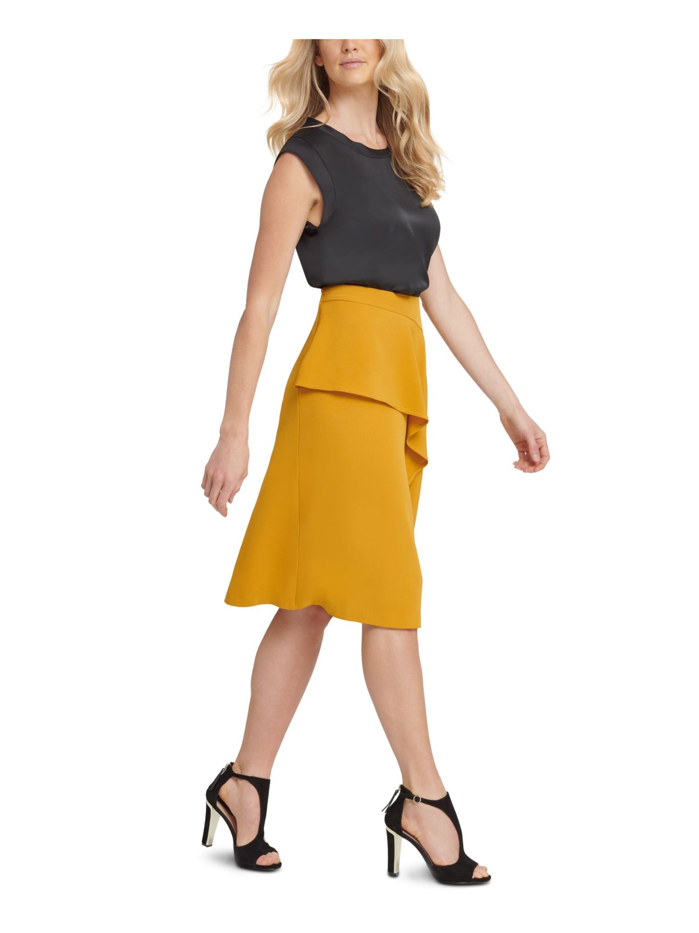 DKNY Womens Gold Ruffled Below The Knee Wear To Work A-Line Skirt 0