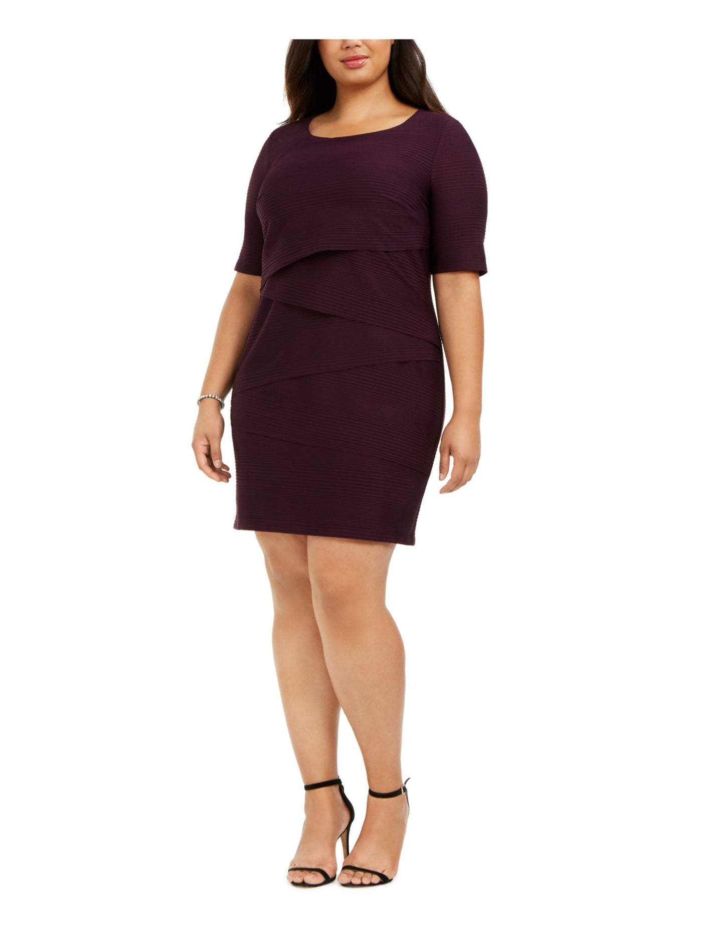 CONNECTED APPAREL Womens Burgundy Ribbed Short Sleeve Jewel Neck Above The Knee Sheath Dress Plus 20W