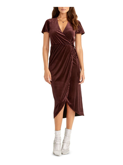 RACHEL ROY Womens Burgundy Short Sleeve V Neck Midi Cocktail Wrap Dress S