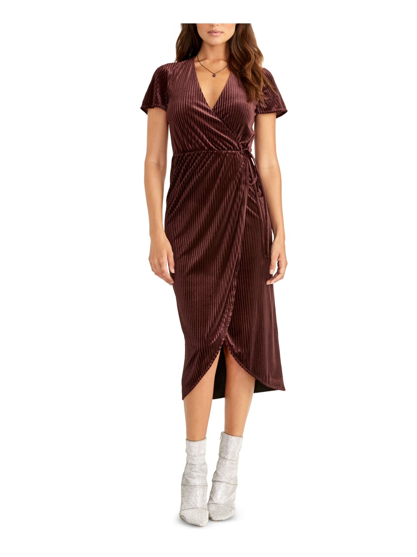 RACHEL ROY Womens Burgundy Short Sleeve V Neck Midi Cocktail Wrap Dress XS