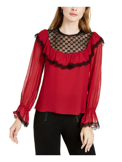 NANETTE LEPORE Womens Red Bell Sleeve Illusion Neckline Blouse XS