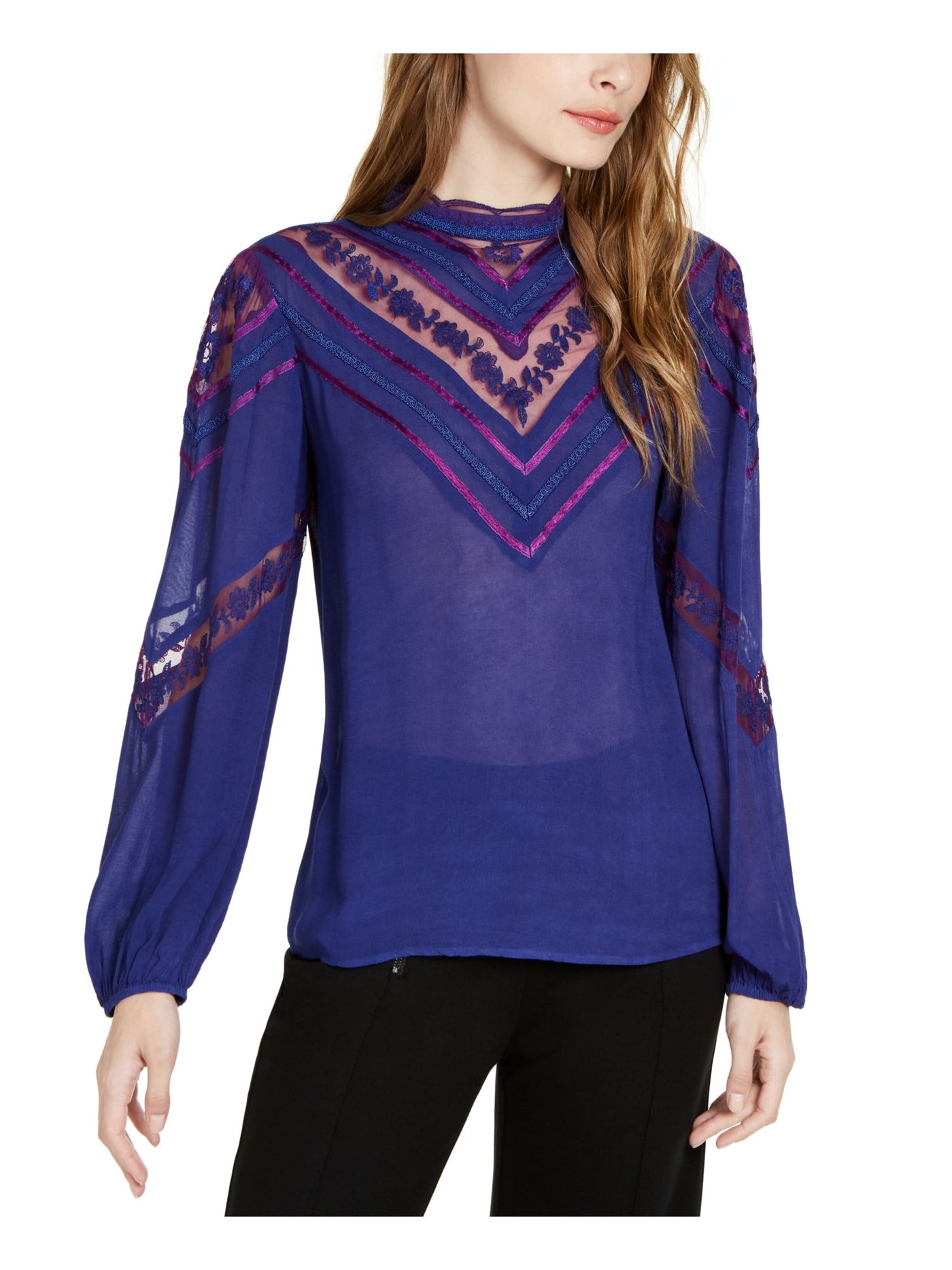 NANETTE LEPORE Womens Purple Sheer Embroidered Floral Balloon Sleeve Mock Neck Top S