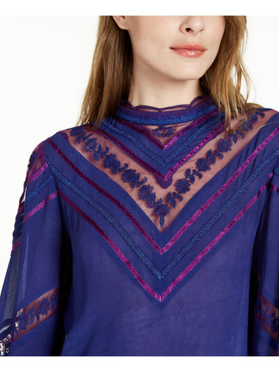 NANETTE LEPORE Womens Purple Sheer Embroidered Floral Balloon Sleeve Mock Neck Top S