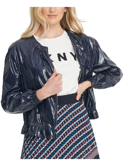 DKNY Womens Navy Faux Leather Bomber Jacket XS