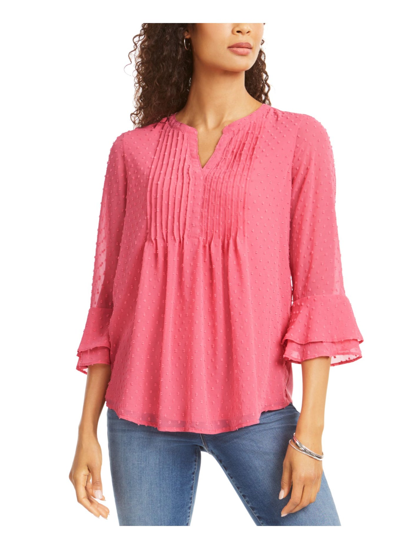 CHARTER CLUB Womens Pink Ruffled Textured Polka Dot 3/4 Sleeve V Neck Tunic Top S