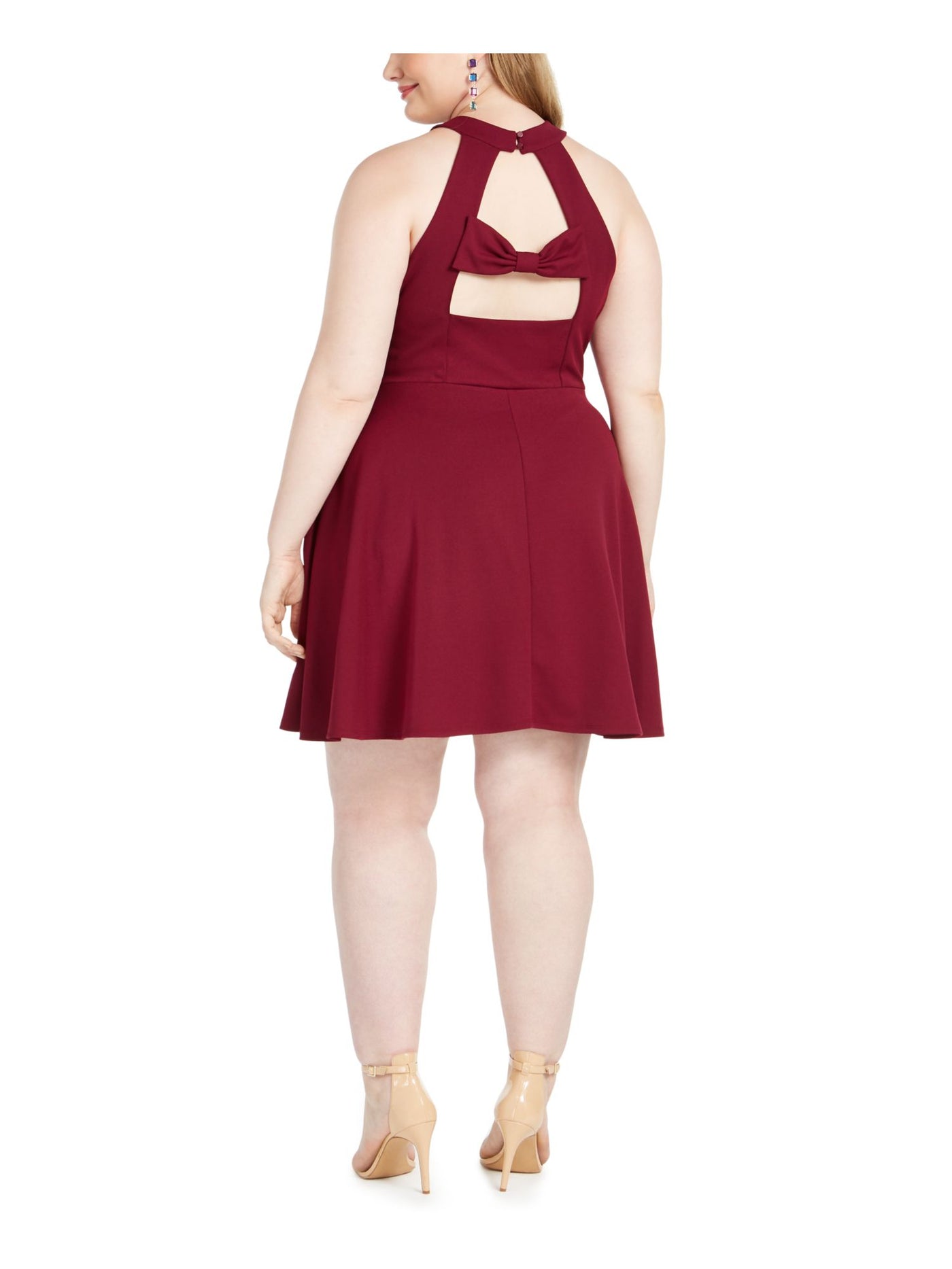 SPEECHLESS Womens Burgundy Cut Out Bowtie Sleeveless Halter Above The Knee Fit + Flare Dress 24