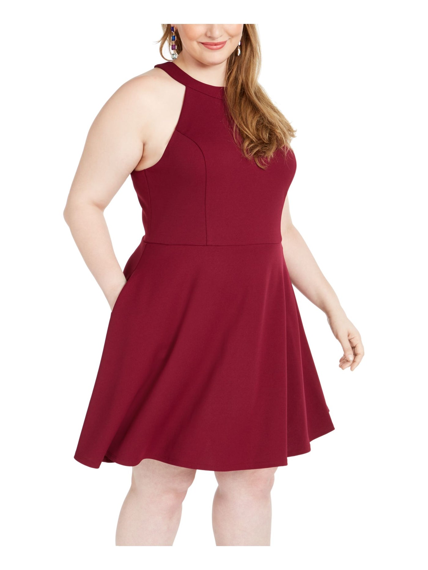 SPEECHLESS Womens Burgundy Cut Out Bowtie Sleeveless Halter Above The Knee Fit + Flare Dress 24
