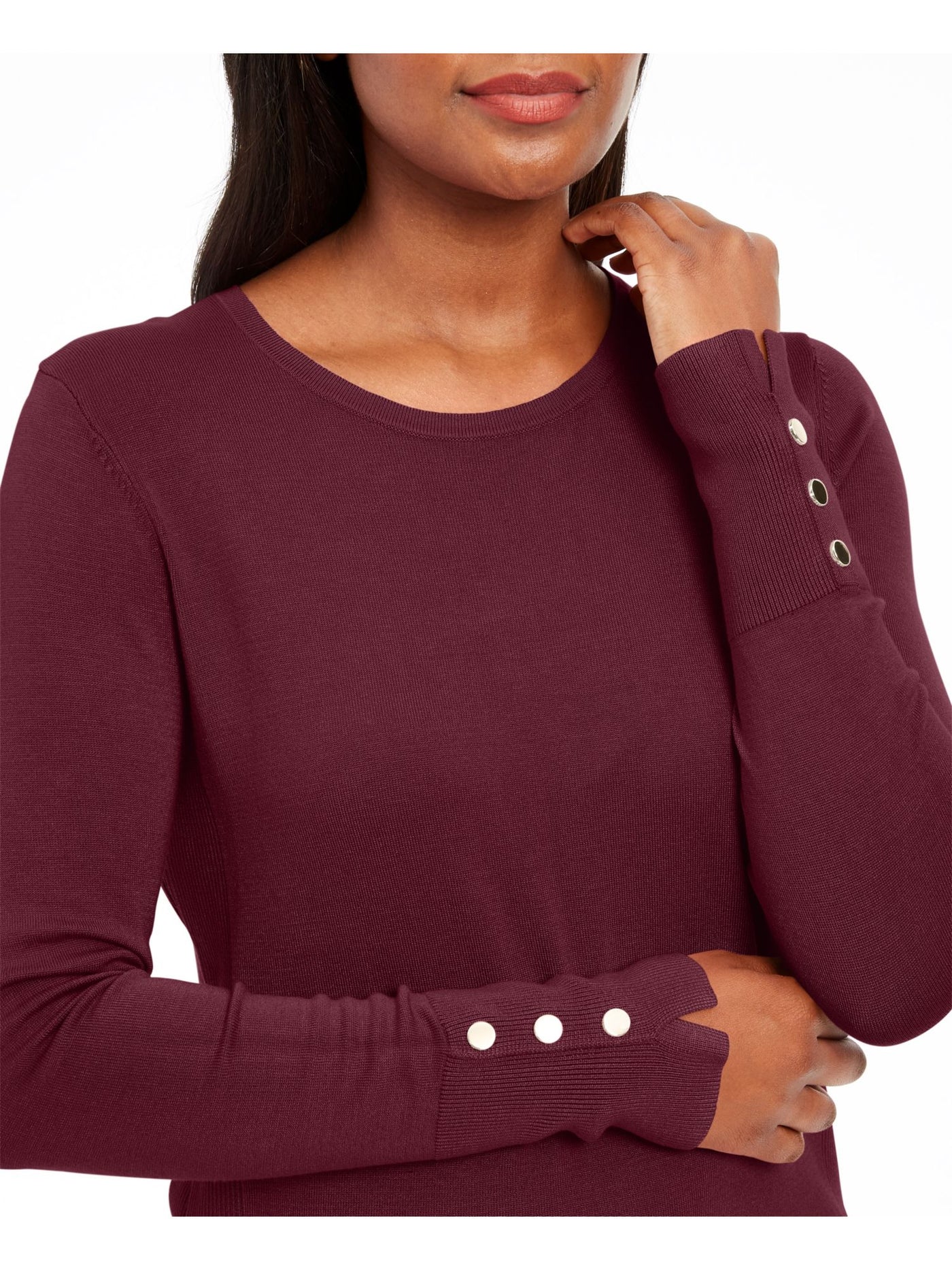 JM COLLECTION Womens Purple Cuffed Jewel Neck Blouse Petites PXL