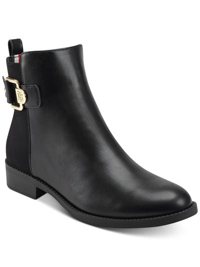 TOMMY HILFIGER Womens Black Mixed Media Signature Hardware Heel Tab Buckle Accent Ankle Strap Inella Round Toe Block Heel Zip-Up Booties 9 M