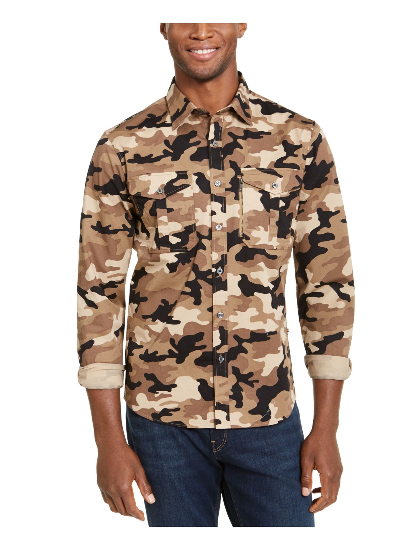 MICHAEL KORS Mens Beige Camouflage Slim Fit Button Down Cotton Casual Shirt S