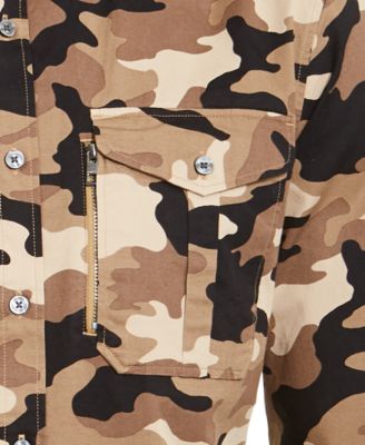 MICHAEL KORS Mens Beige Camouflage Slim Fit Button Down Cotton Casual Shirt