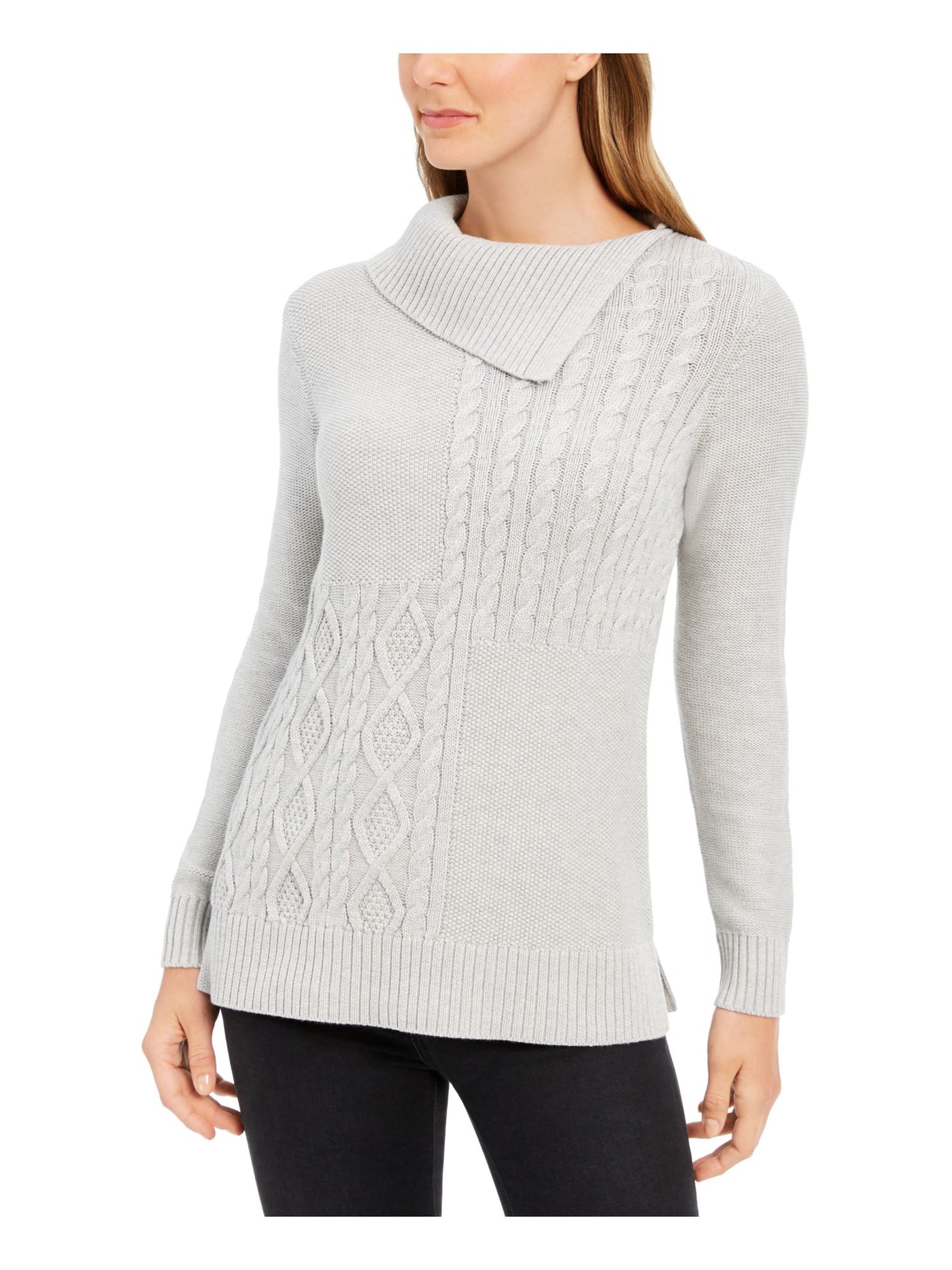 CHARTER CLUB Womens Silver Ribbed Heather Long Sleeve Cowl Neck Sweater L