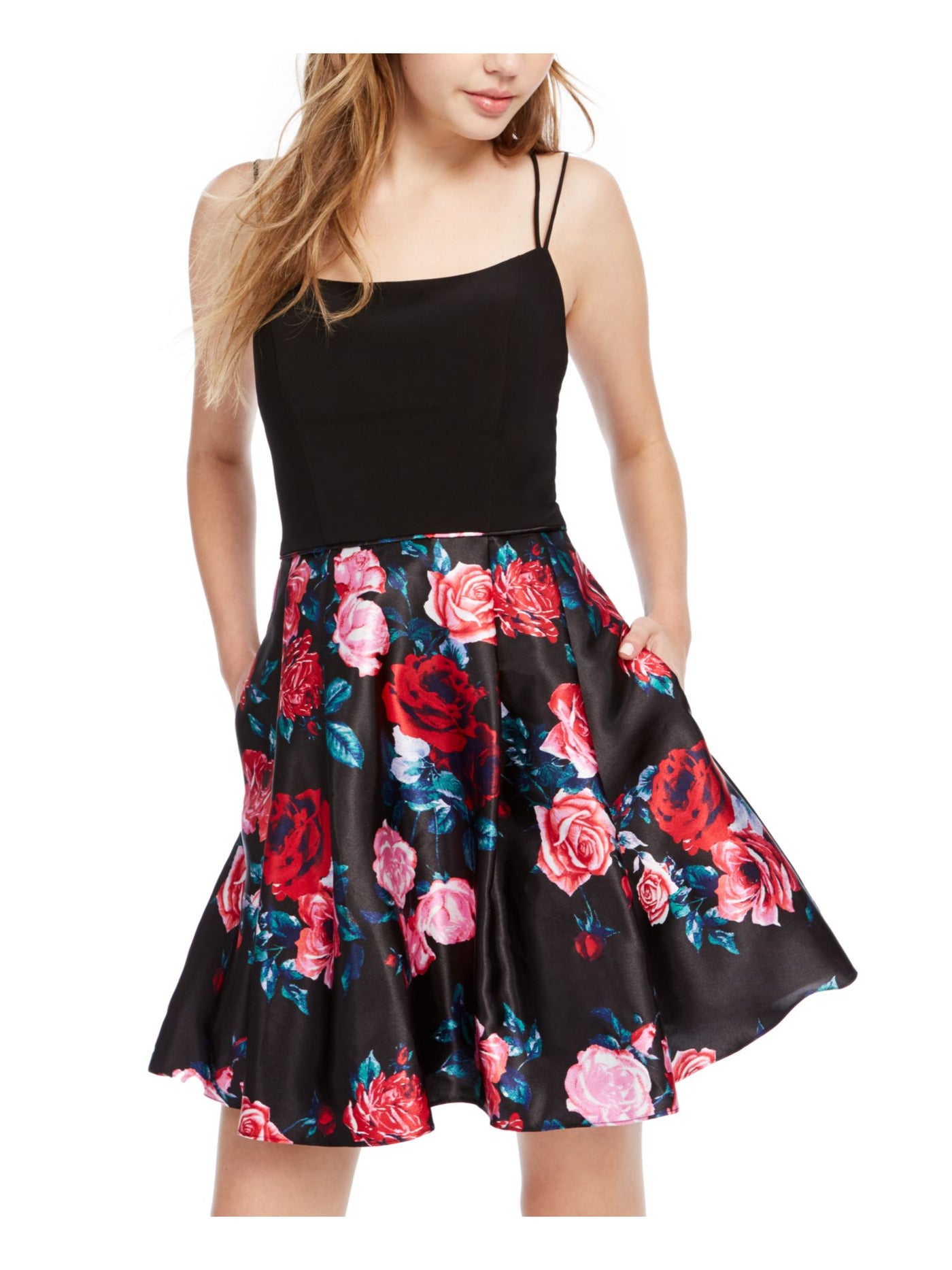 BLONDIE Womens Black Pockets Floral Spaghetti Strap Scoop Neck Short Party Fit + Flare Dress 1