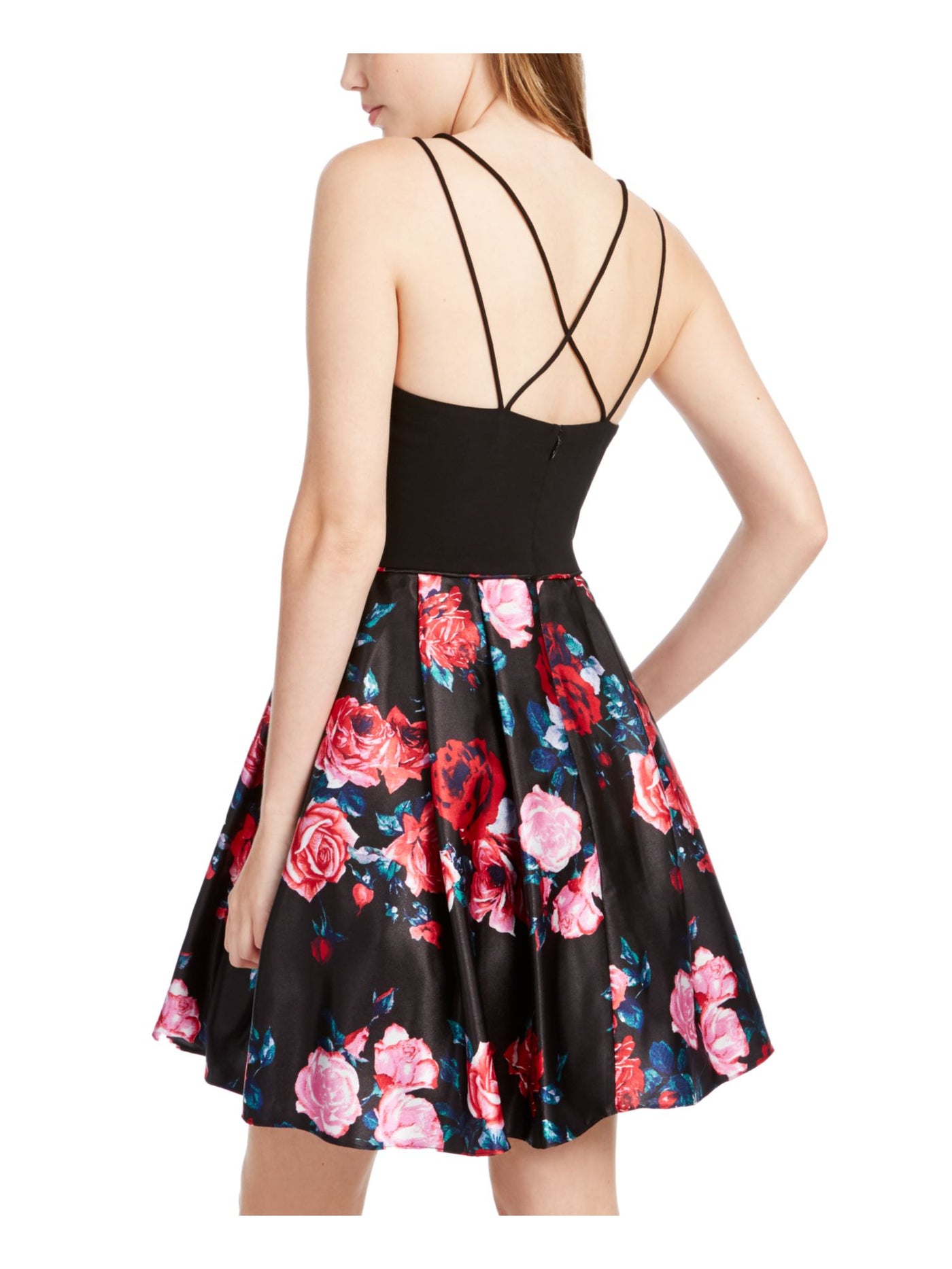 BLONDIE Womens Black Pockets Floral Spaghetti Strap Scoop Neck Short Party Fit + Flare Dress 1