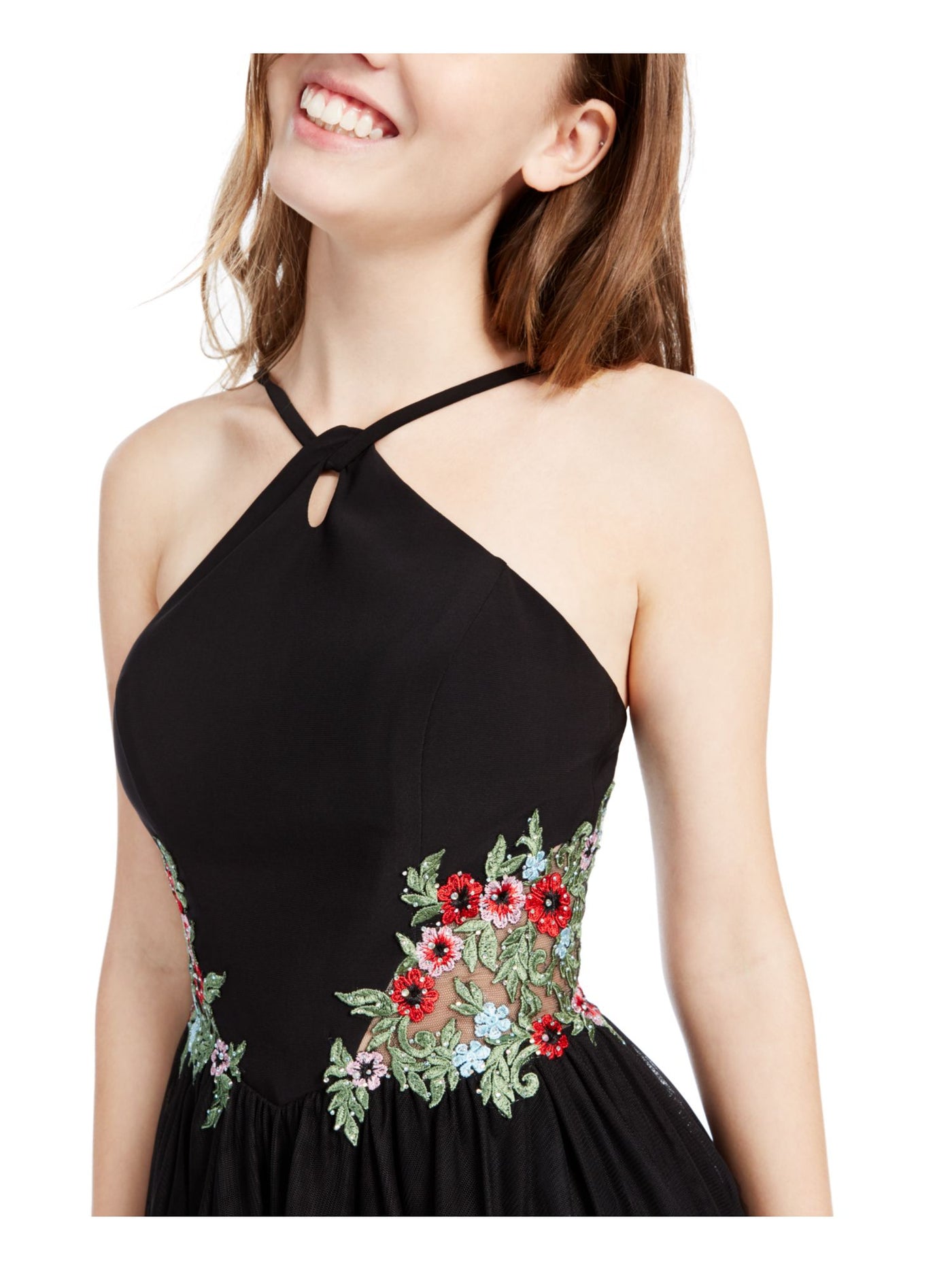 BLONDIE Womens Black Embroidered Zippered Mesh Floral Sleeveless Halter Short Party Fit + Flare Dress 1