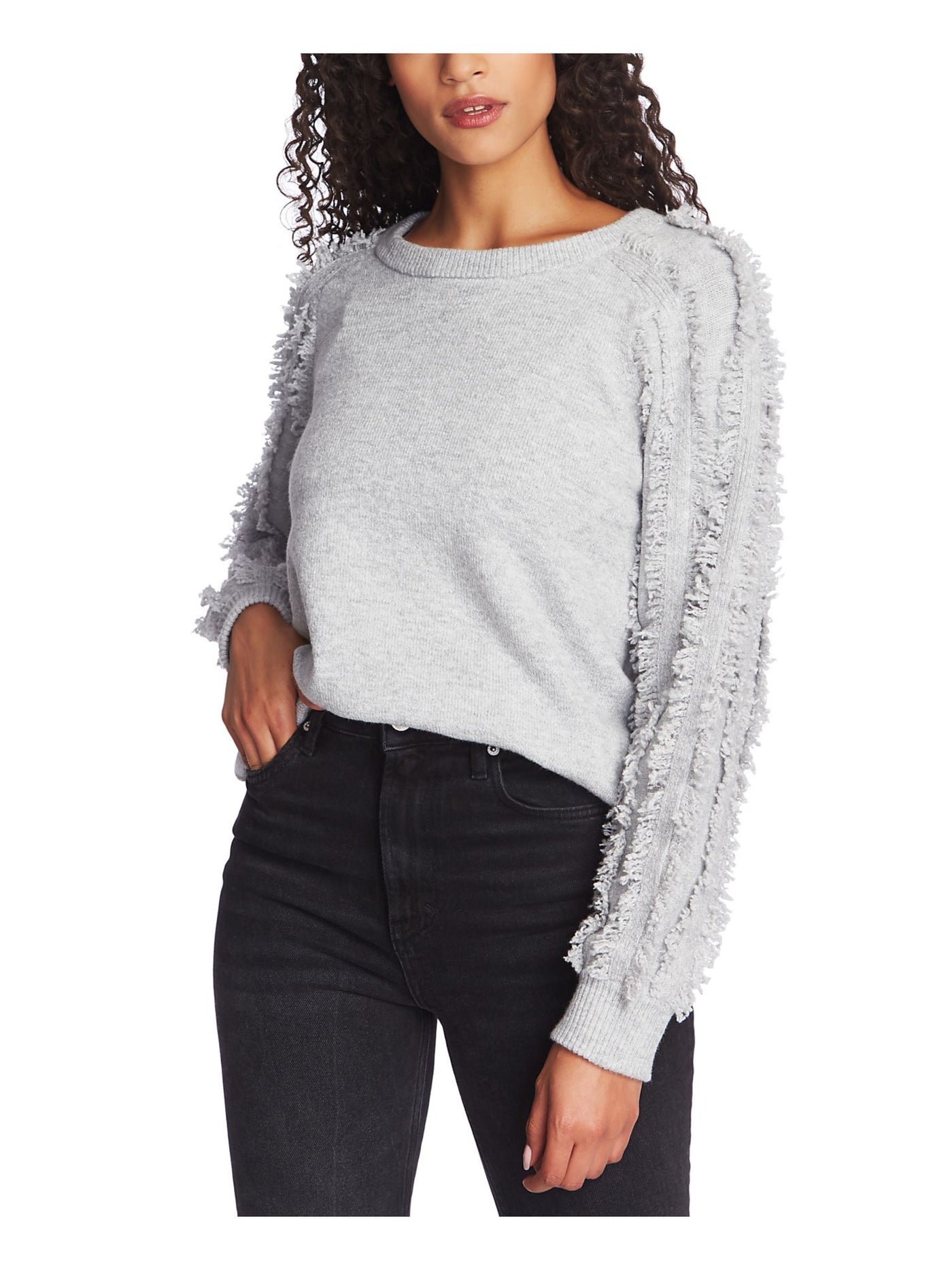 1. STATE Womens White Frayed Long Sleeve Crew Neck Sweater XXS