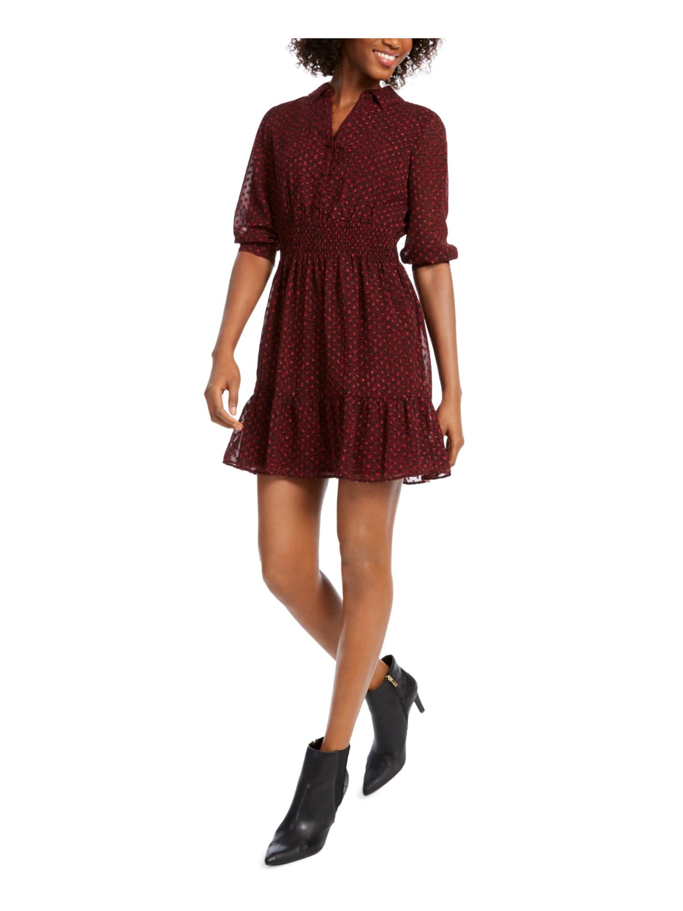 MAISON JULES Womens Burgundy Animal Print 3/4 Sleeve Collared Short Shirt Dress Juniors L