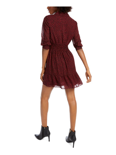 MAISON JULES Womens Burgundy Animal Print 3/4 Sleeve Collared Short Shirt Dress Juniors L