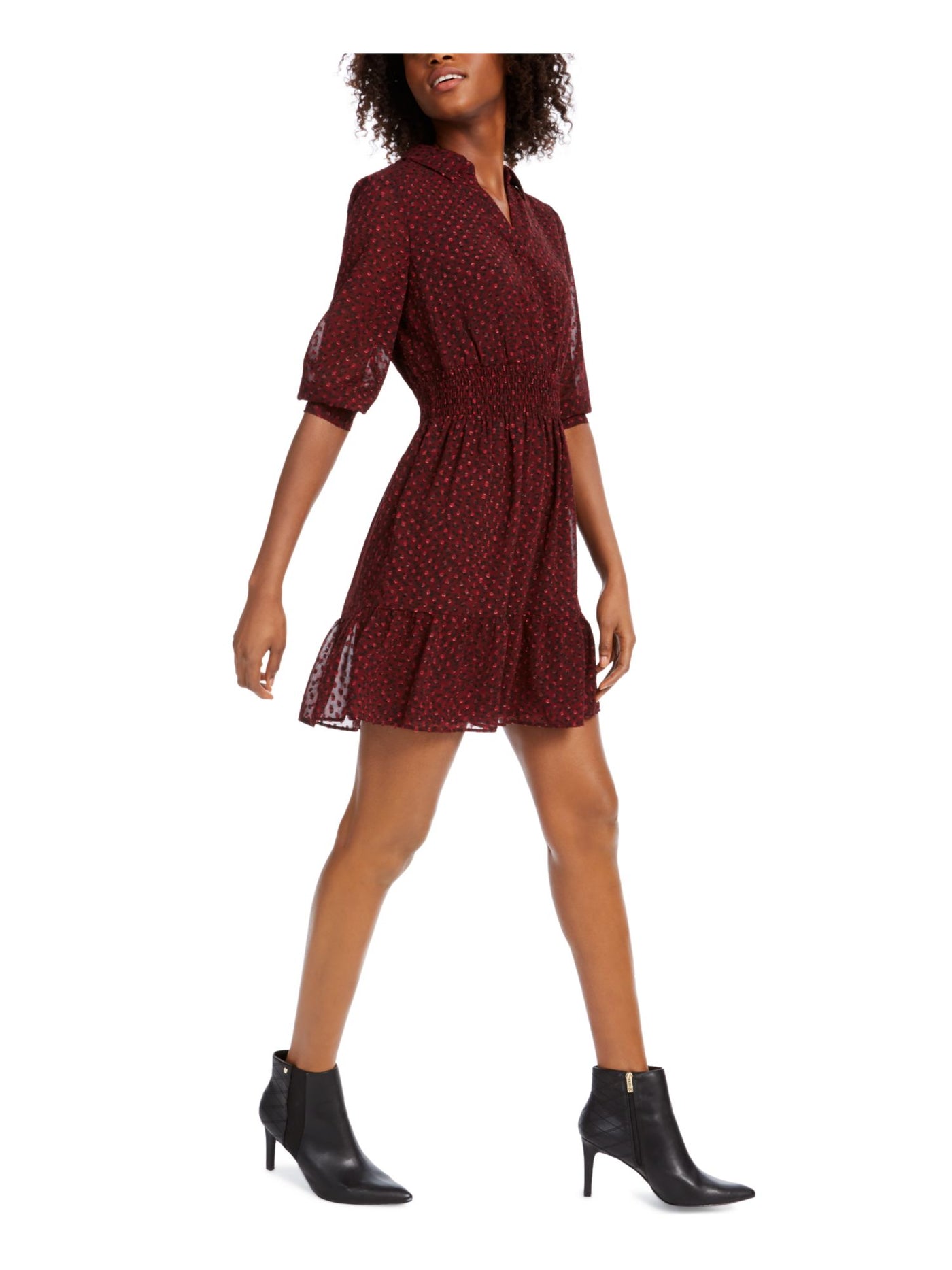 MAISON JULES Womens Burgundy Animal Print 3/4 Sleeve Collared Short Shirt Dress Juniors L
