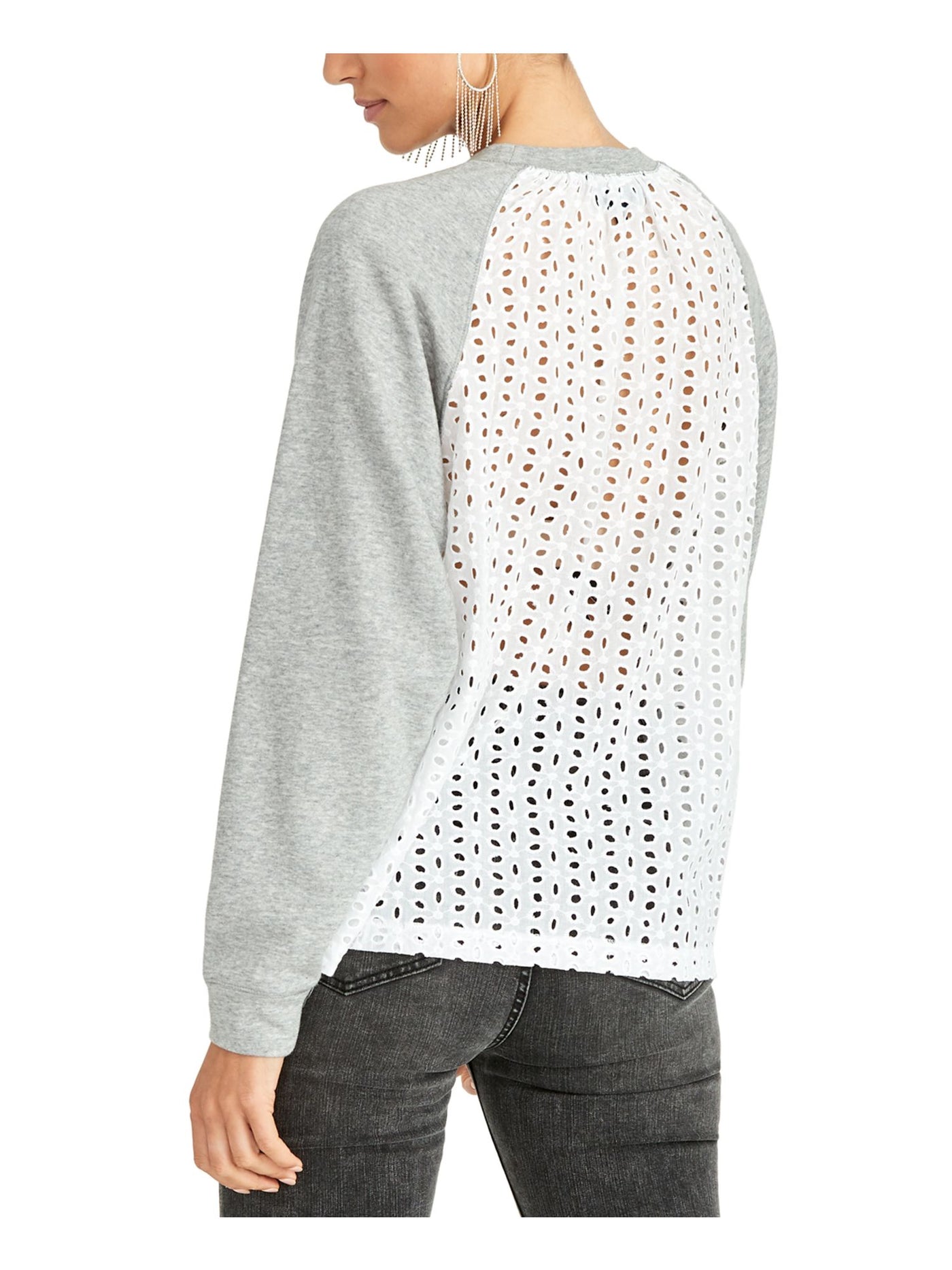 RACHEL ROY Womens Gray Eyelet Long Sleeve Jewel Neck Top XS