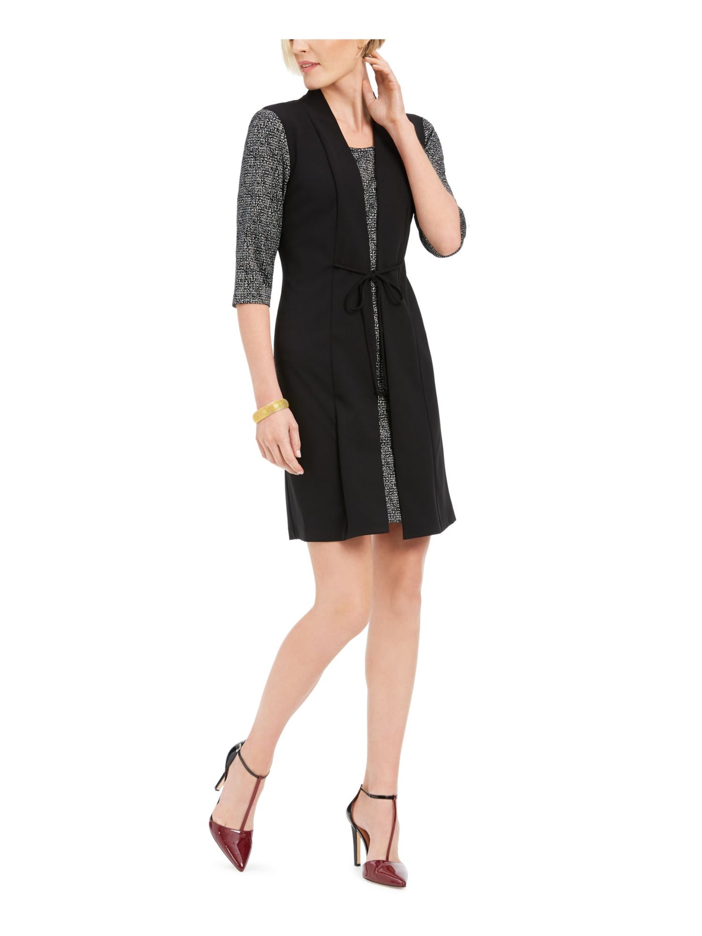 CONNECTED APPAREL Womens 3/4 Sleeve Jewel Neck Short Wear To Work Faux Wrap Dress