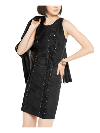 INC Womens Black Faux Suede Lace Printed Sleeveless Jewel Neck Short Evening Fit + Flare Dress M