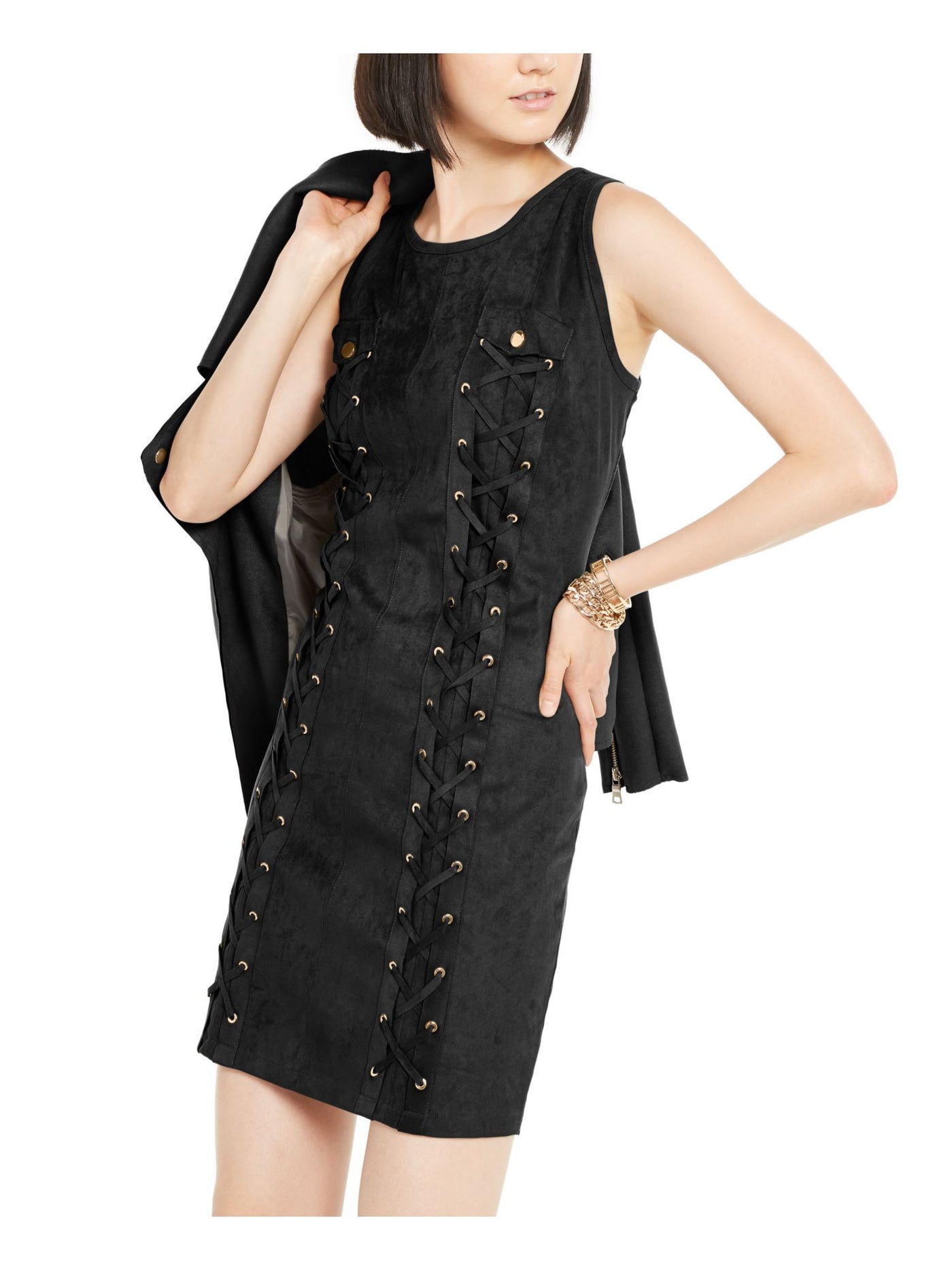 INC Womens Black Faux Suede Lace Printed Sleeveless Jewel Neck Short Evening Fit + Flare Dress XS