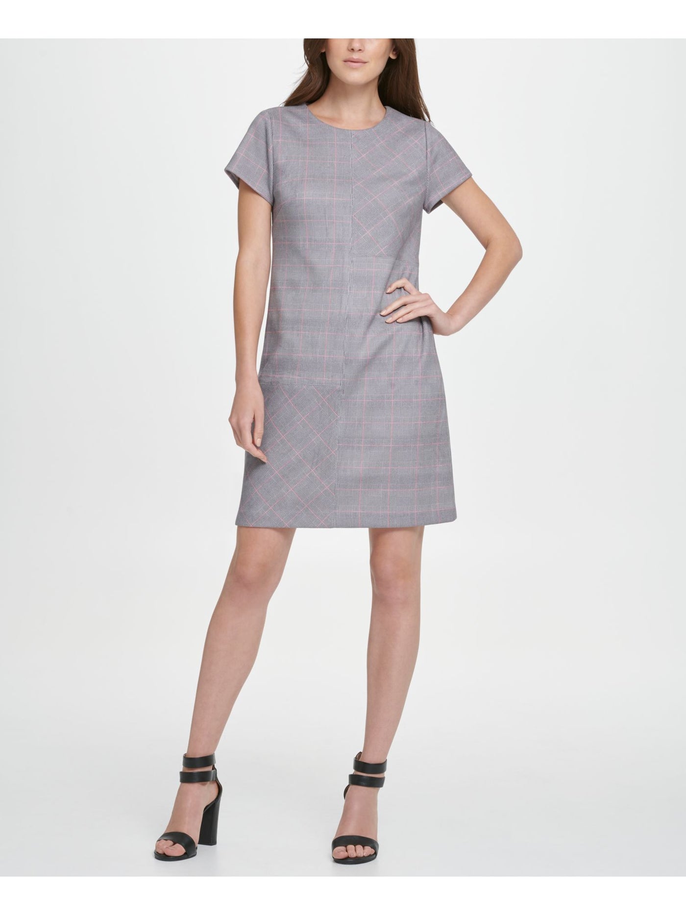 DKNY Womens Pink Printed Menswear Short Sleeve Short Shift Dress Size: 14